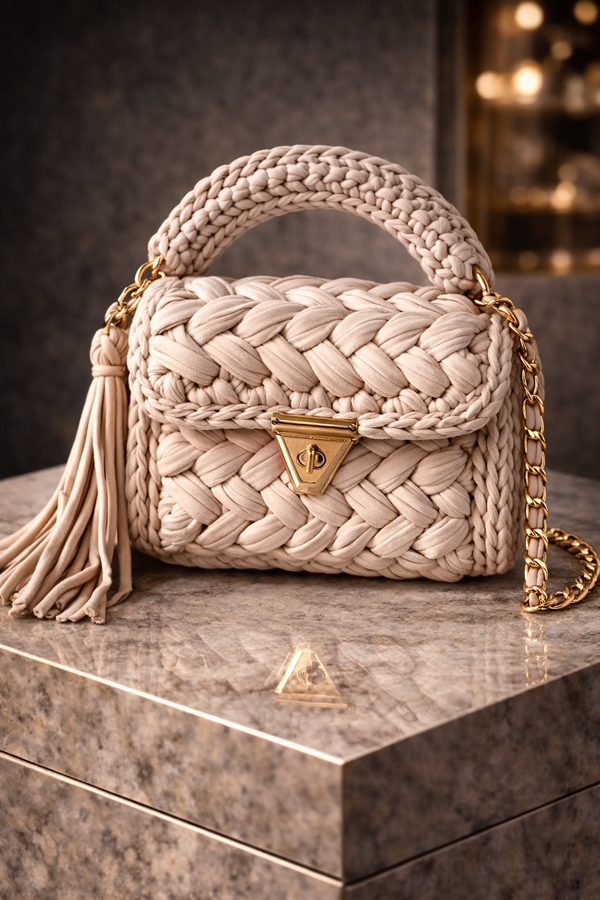 Champagne Beige Crochet Tassel Clutch