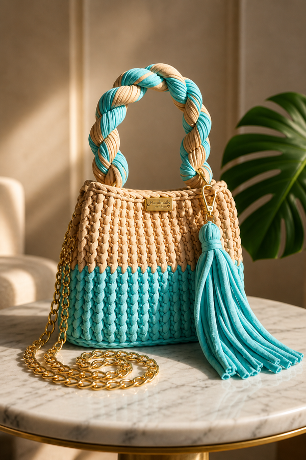 Aqua Dune Weave Crochet Luxe Clutch